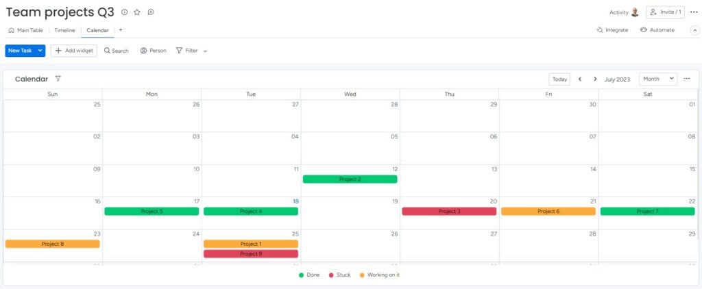 Team projects q3 calendar view of board
